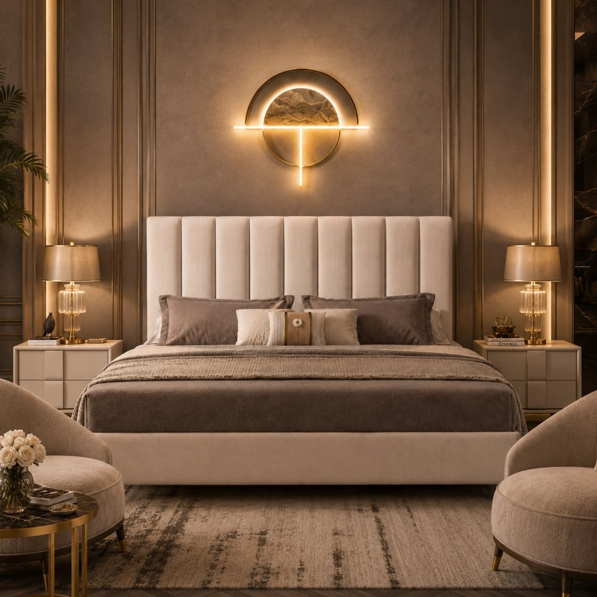 Symmetrical view of a high-end hotel style upholstered platform bed showcasing a tall vertical tufted headboard in a sophisticated warm-toned room.