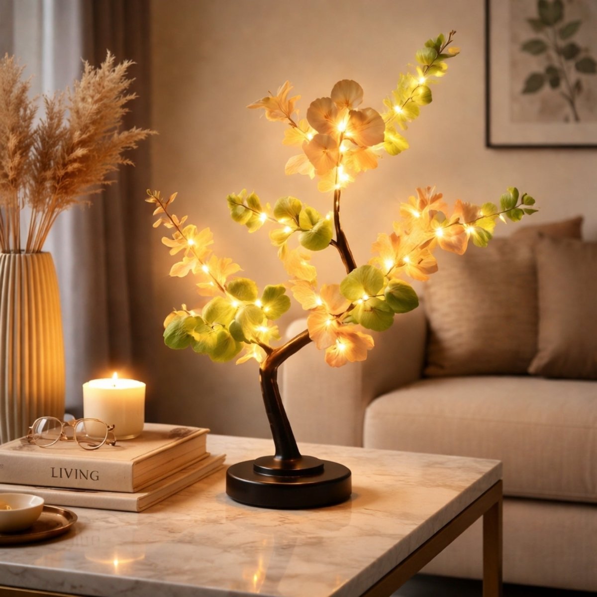 Warm white LED botanical tree lamp glowing softly on a marble coffee table in a modern luxury living room setting.