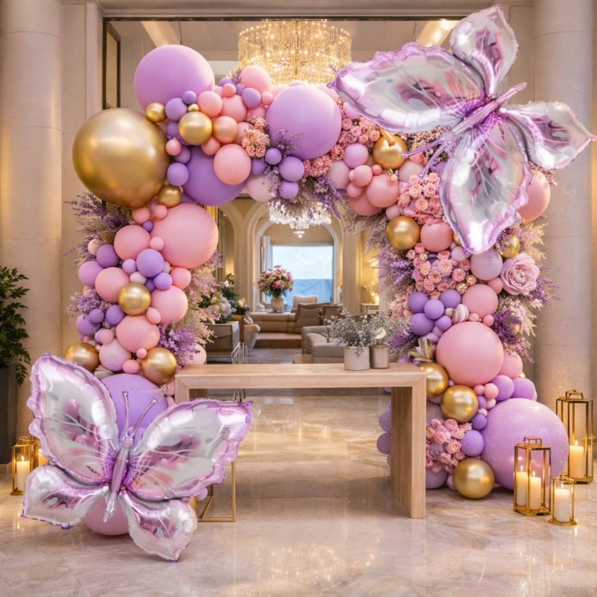 An elegant indoor reception venue with a lavender and gold balloon arch kit backdrop, featuring iridescent butterfly balloons, candle lanterns, and a console table under a crystal chandelier for a bridal shower.