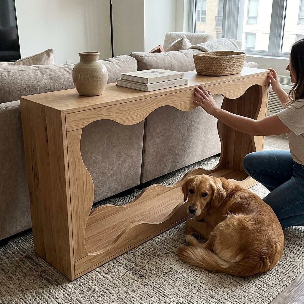 Woman organizing aesthetic decor books on a wavy architectural solid wood console table positioned closely behind a neutral living room sofa, accompanied by a resting golden retriever.