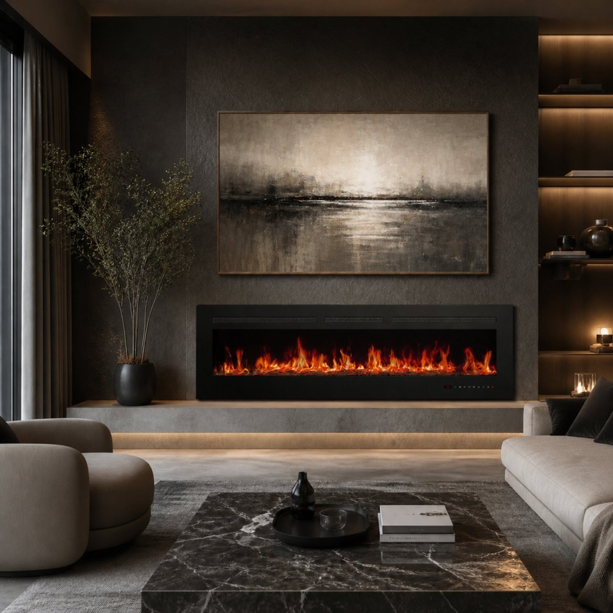 Modern luxury living room featuring a Kouvr 60-inch recessed electric fireplace installed flush under a large abstract painting