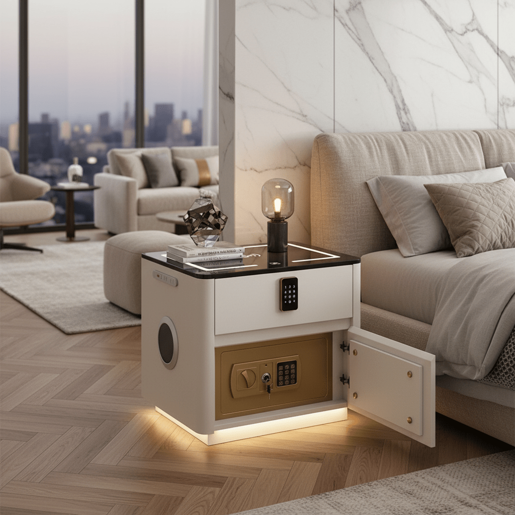 A high-end white smart bedside table in a luxury penthouse bedroom. The table features an open security safe with a digital keypad, a wireless charging glass top, a built-in Bluetooth speaker, and warm LED base lighting. The background shows a modern marble wall and a blurred view of a city skyline at dusk.