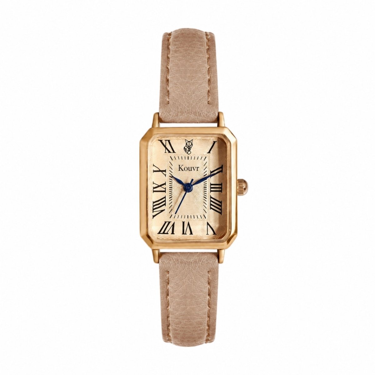 Luxury women's gold tone watch with a soft taupe leather strap and blue hands.