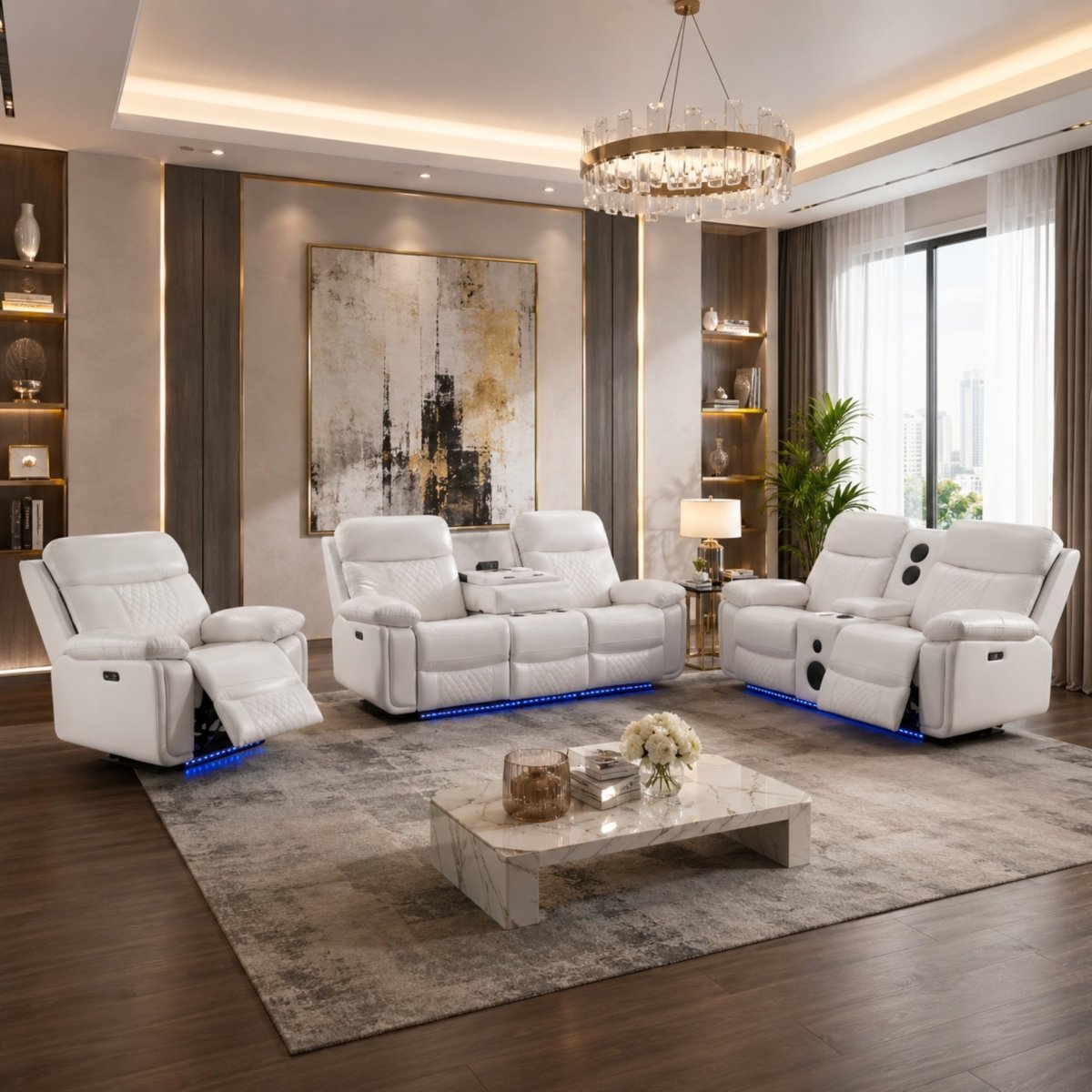 White premium PU leather power reclining sofa set with blue LED floor lighting in a modern luxury living room