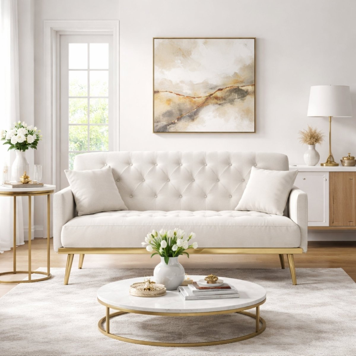 Luxury cream settee styled in an elegant living room setting with a marble round coffee table and warm neutral decor.