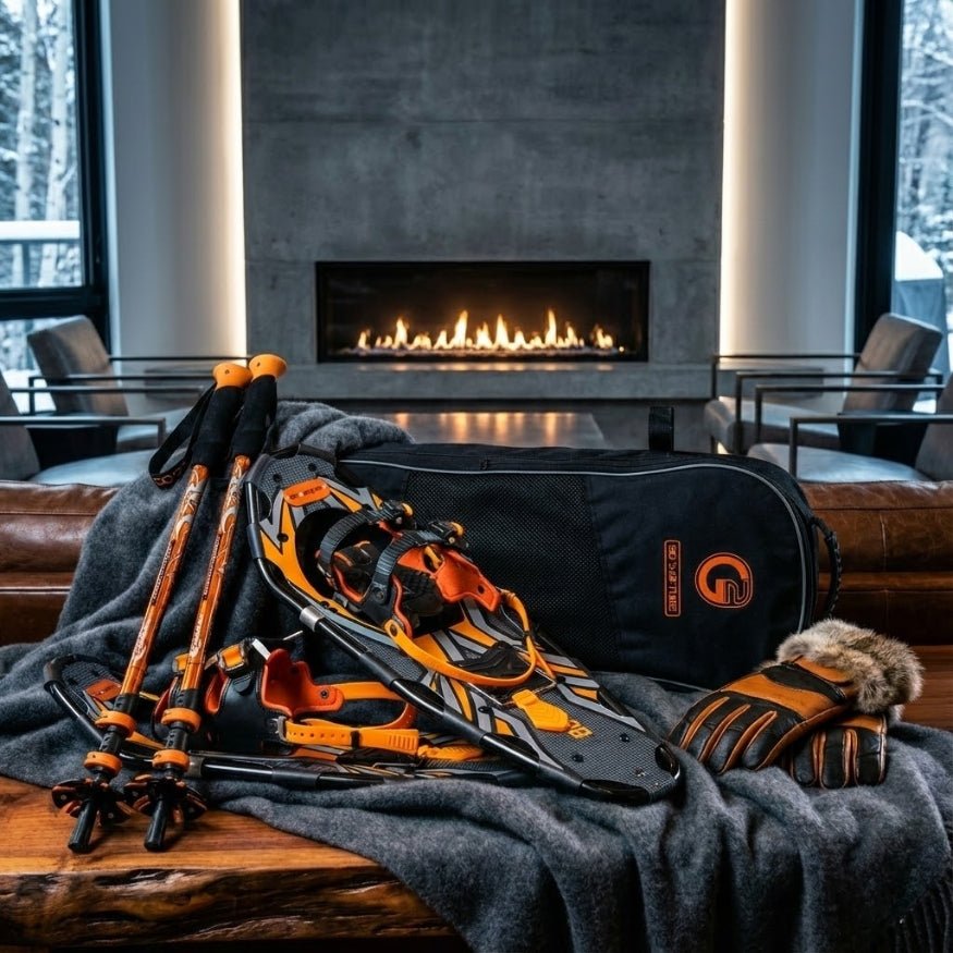G2 Gether snowshoe gear and winter gloves displayed on a cozy blanket in front of a modern fireplace.