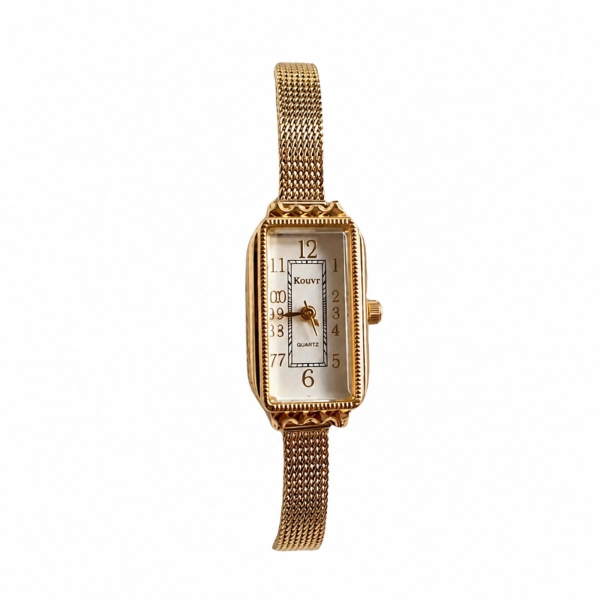 Studio product shot of the Kouvr gold rectangular women's watch with milanese mesh band isolated completely on a pure white background.