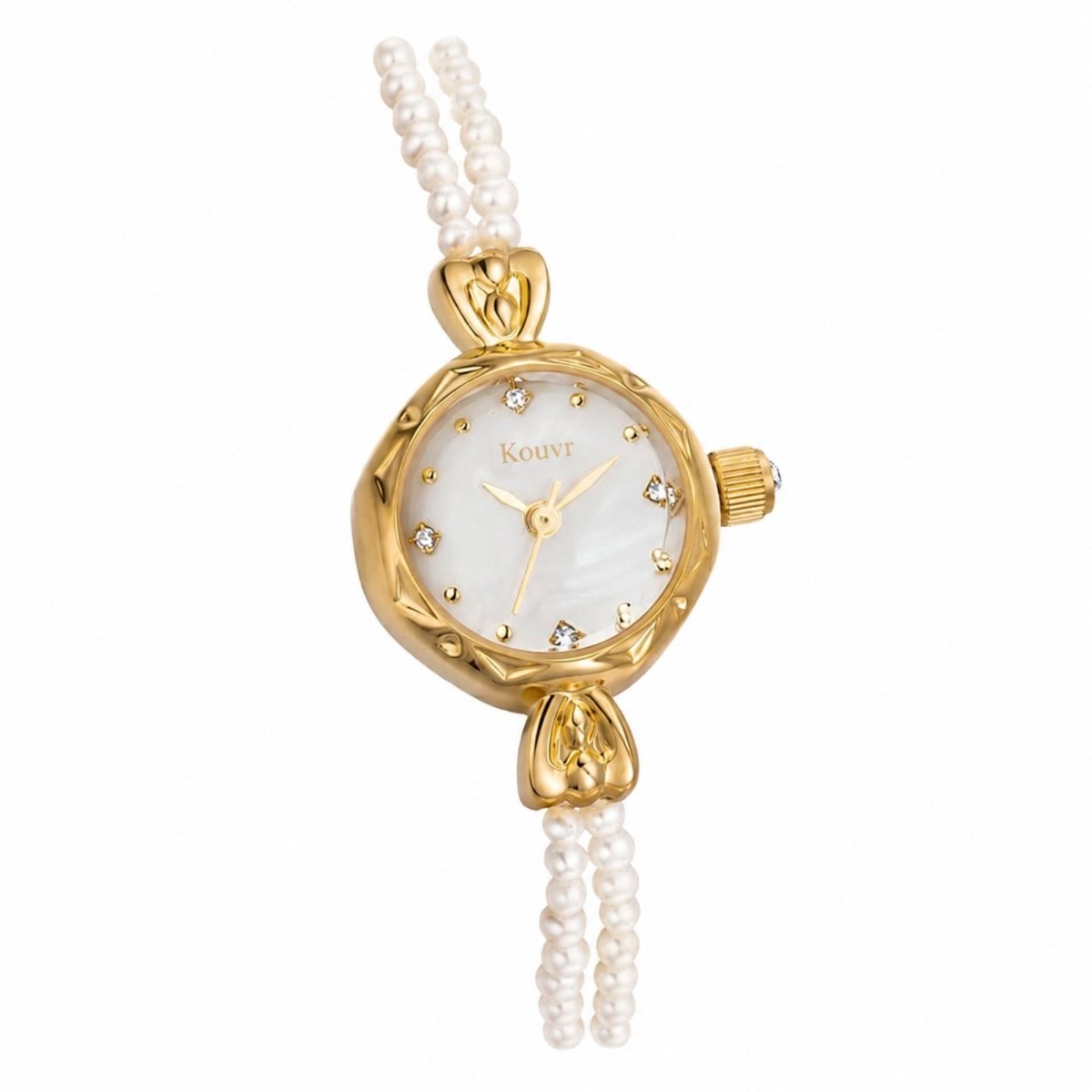 Left angled profile of the Kouvr women's jewelry timepiece showing the crown detail and beautiful double-layered genuine pearl band.