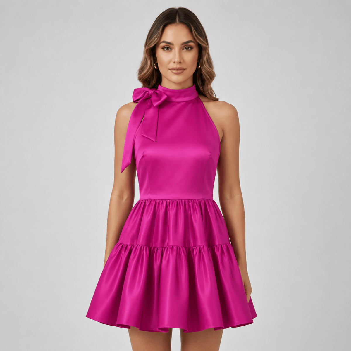 Close up portrait of a model wearing the fitted bodice and high halter neckline of the Kouvr fuchsia satin party dress.