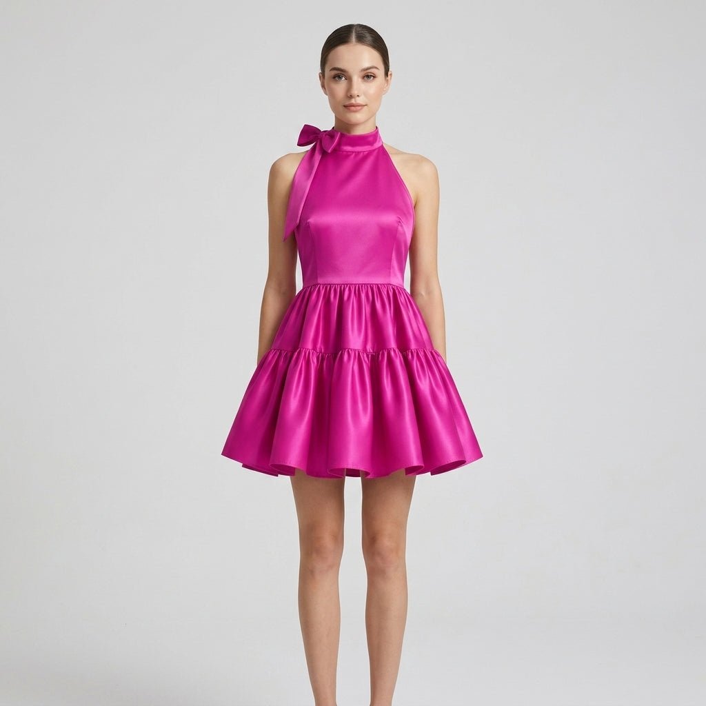 Front view of the Kouvr magenta fuchsia satin halter neck tiered mini dress with front tie detail worn by a brunette model.