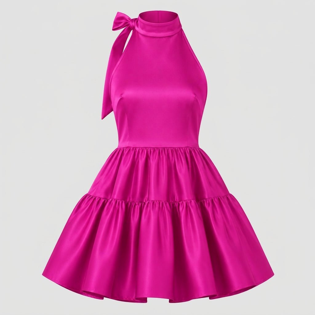 Flat lay product view of the Kouvr magenta satin tiered mini dress highlighting the high neck, bodice structure, and babydoll skirt.