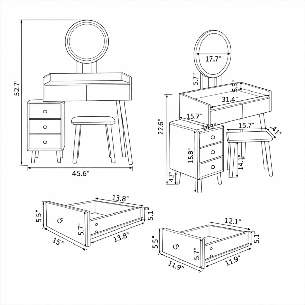 Detailed schematic diagram showing the precise dimensions, width, height, and drawer depths of the Kouvr makeup vanity desk and stool.
