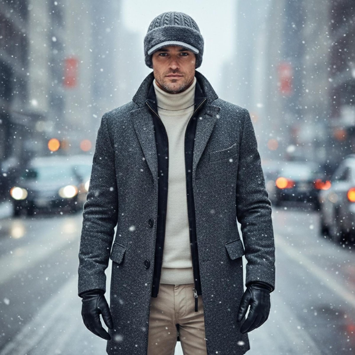 Man in a grey overcoat and cream turtleneck wearing the Kouvr Aspen knit trapper hat in a snowy city street.
