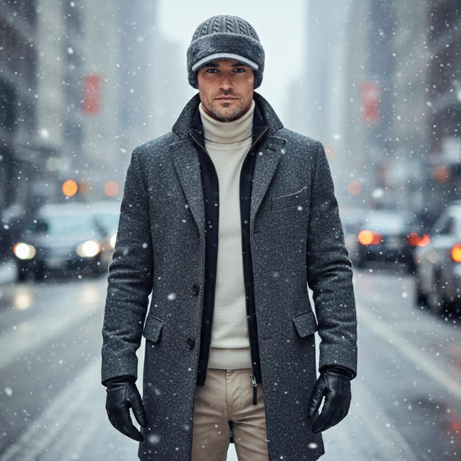 Man in a grey overcoat and cream turtleneck wearing the Kouvr Aspen knit trapper hat in a snowy city street.