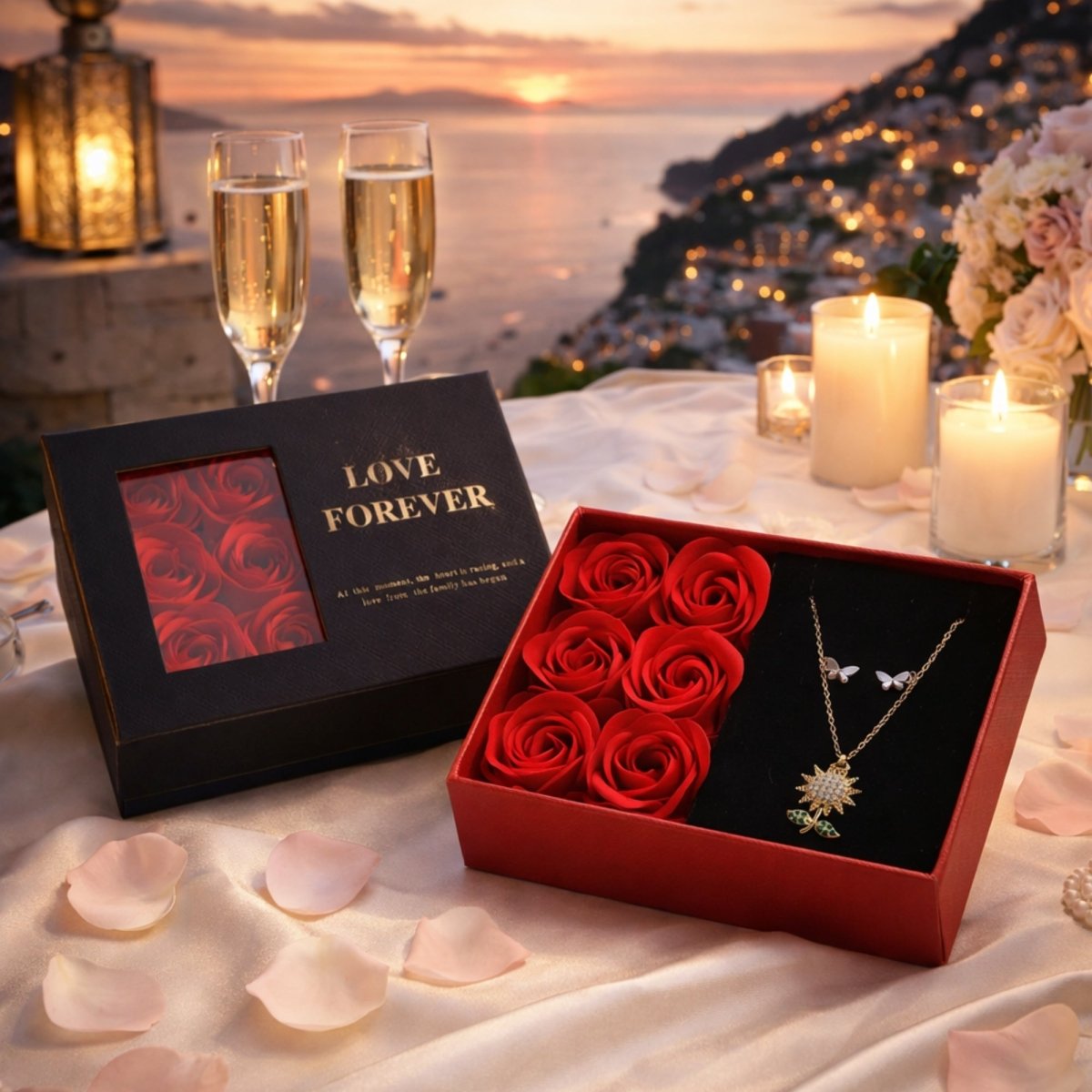 A close-up view of two 'Love Forever' gift boxes on a silky table overlooking a scenic Mediterranean seaside town at sunset, featuring red preserved roses, a gold necklace with silver butterfly charms, and a sunflower pendant.