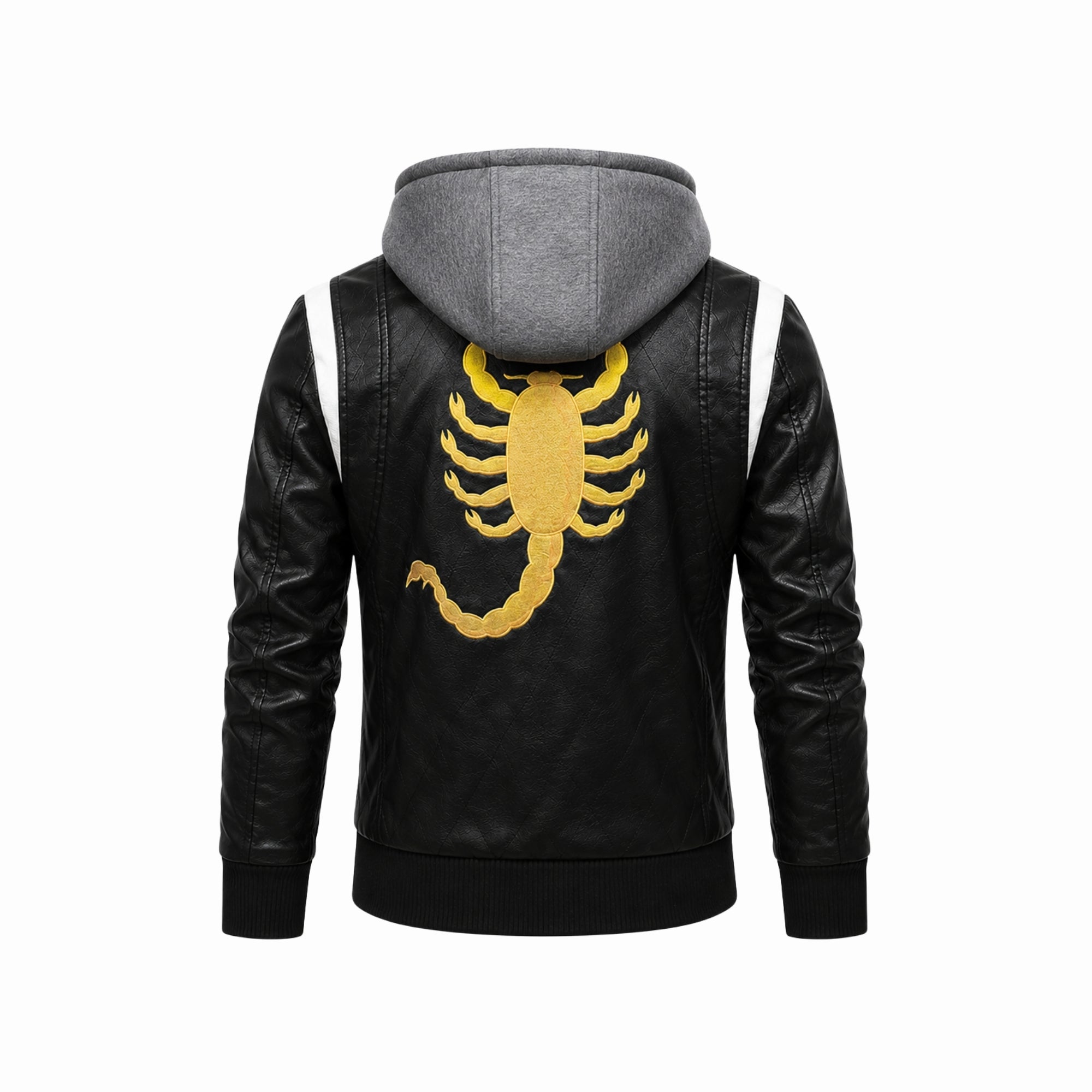 Flat lay back view of the Kouvr black leather jacket detailing the golden scorpion embroidery on the back panel.