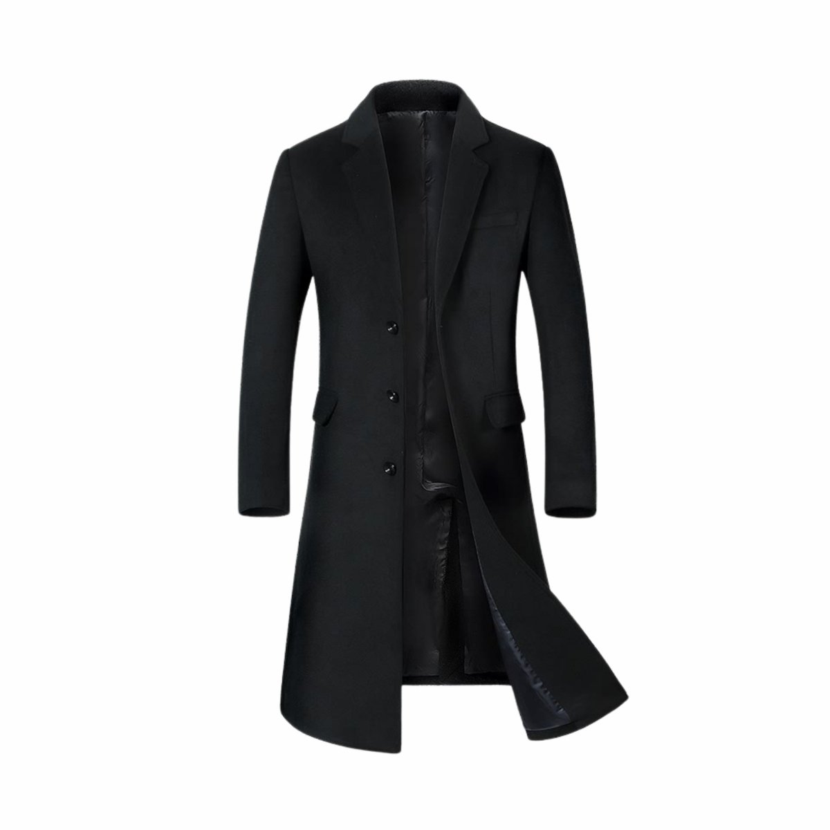 Ghost mannequin presentation of men's black single-breasted overcoat worn open, revealing the smooth interior lining and clean structure.