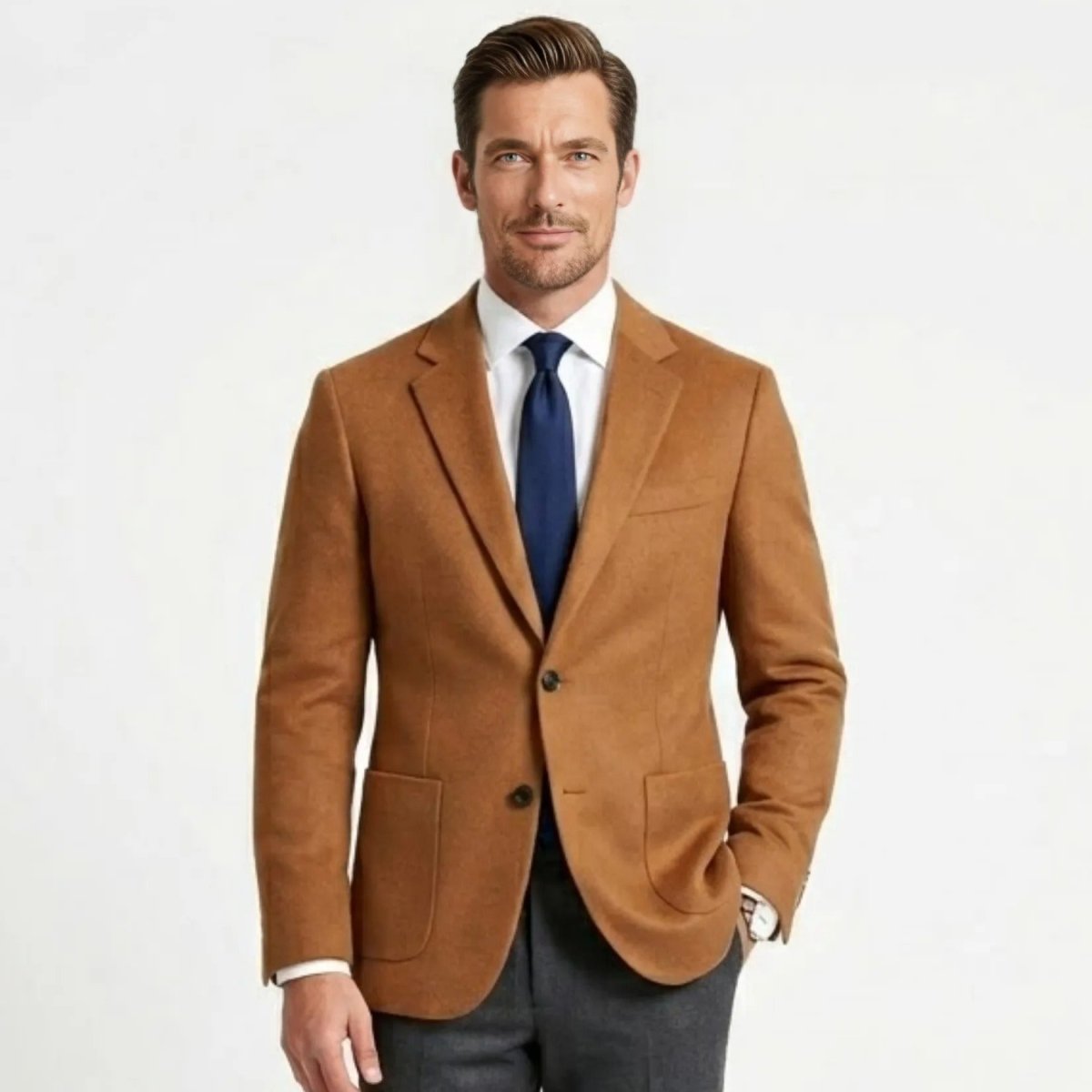 Front view of Kouvr mens camel wool blend tailored blazer with notch lapel and patch pockets