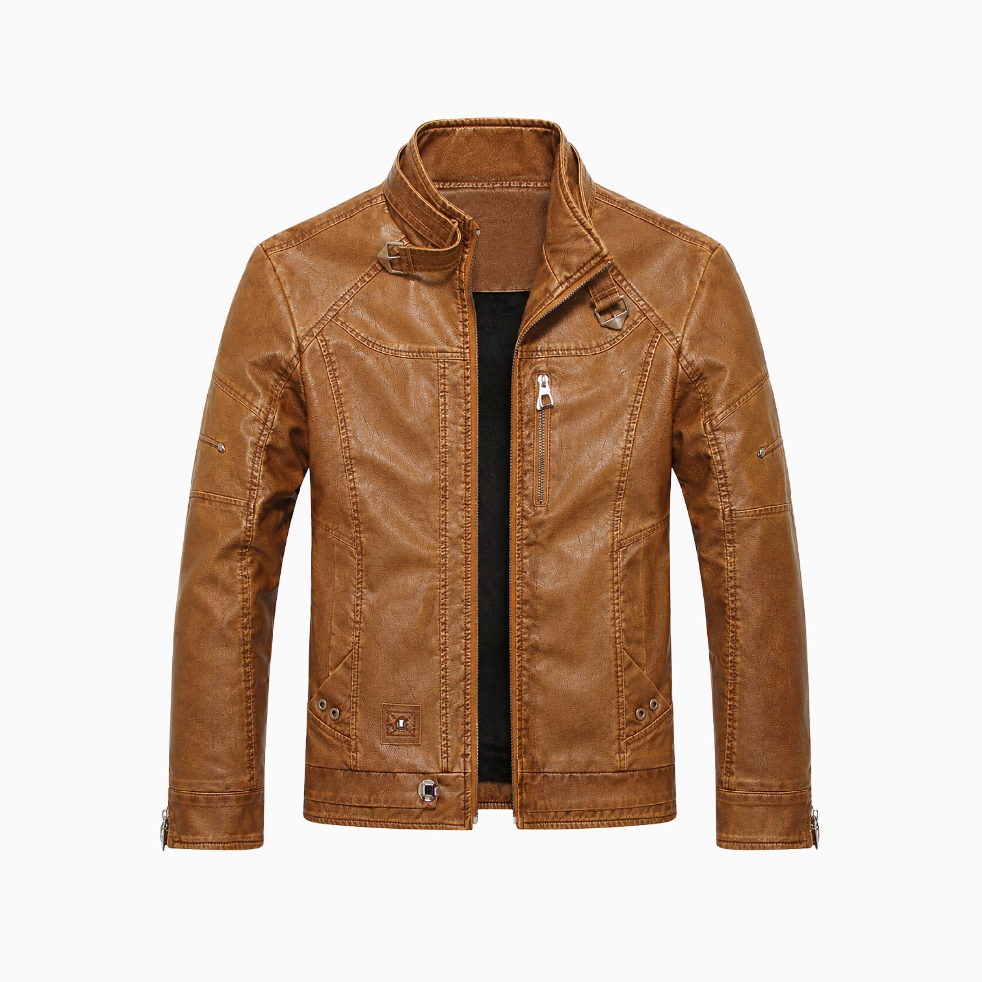 Front flat lay of Kouvr mens cognac brown zip front leather biker jacket.