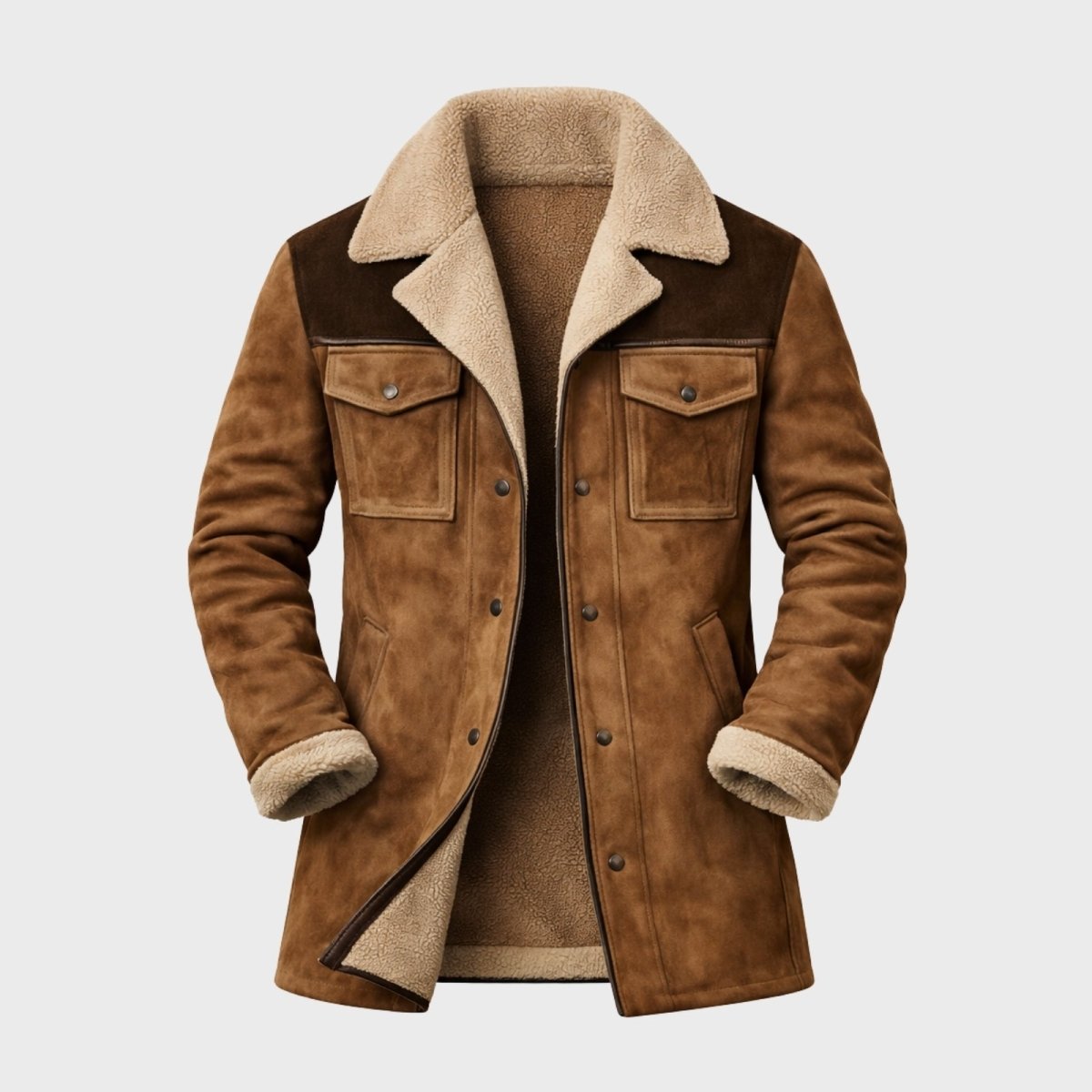 Product-only shot of the open Kouvr Porter Suede Shearling Jacket displaying the full cream-colored sherpa lining.