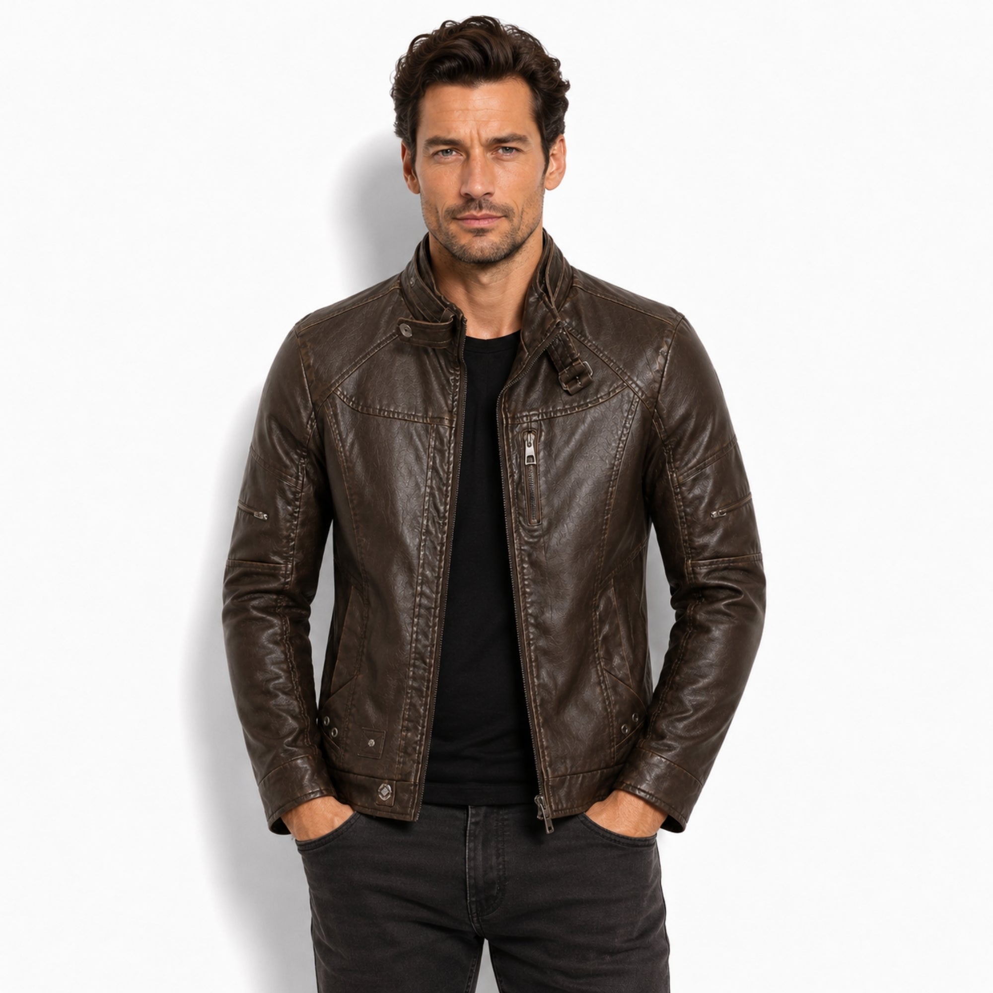 Front view of male model wearing Kouvr mens dark brown premium distressed leather moto jacket with slim fit and stand collar.