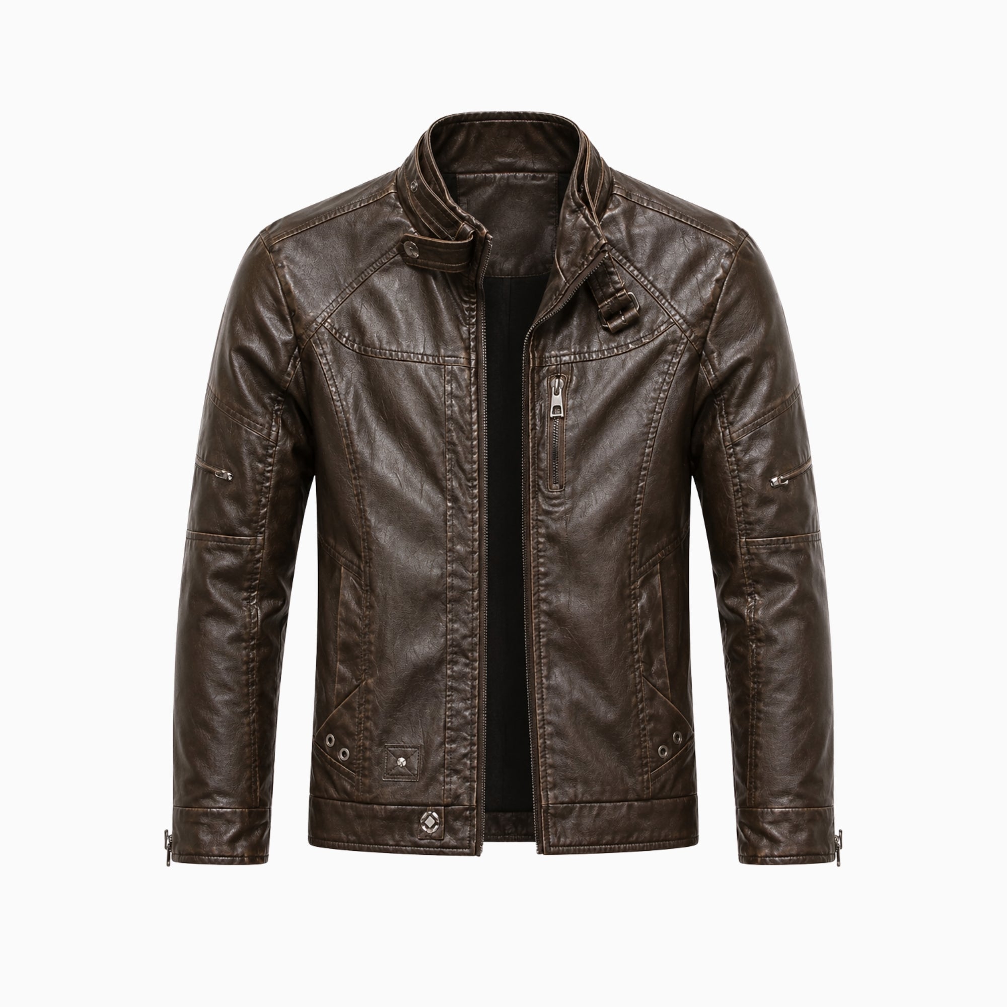 Flat lay product shot of mens dark brown zip up vintage biker jacket unzipped showing inner lining.