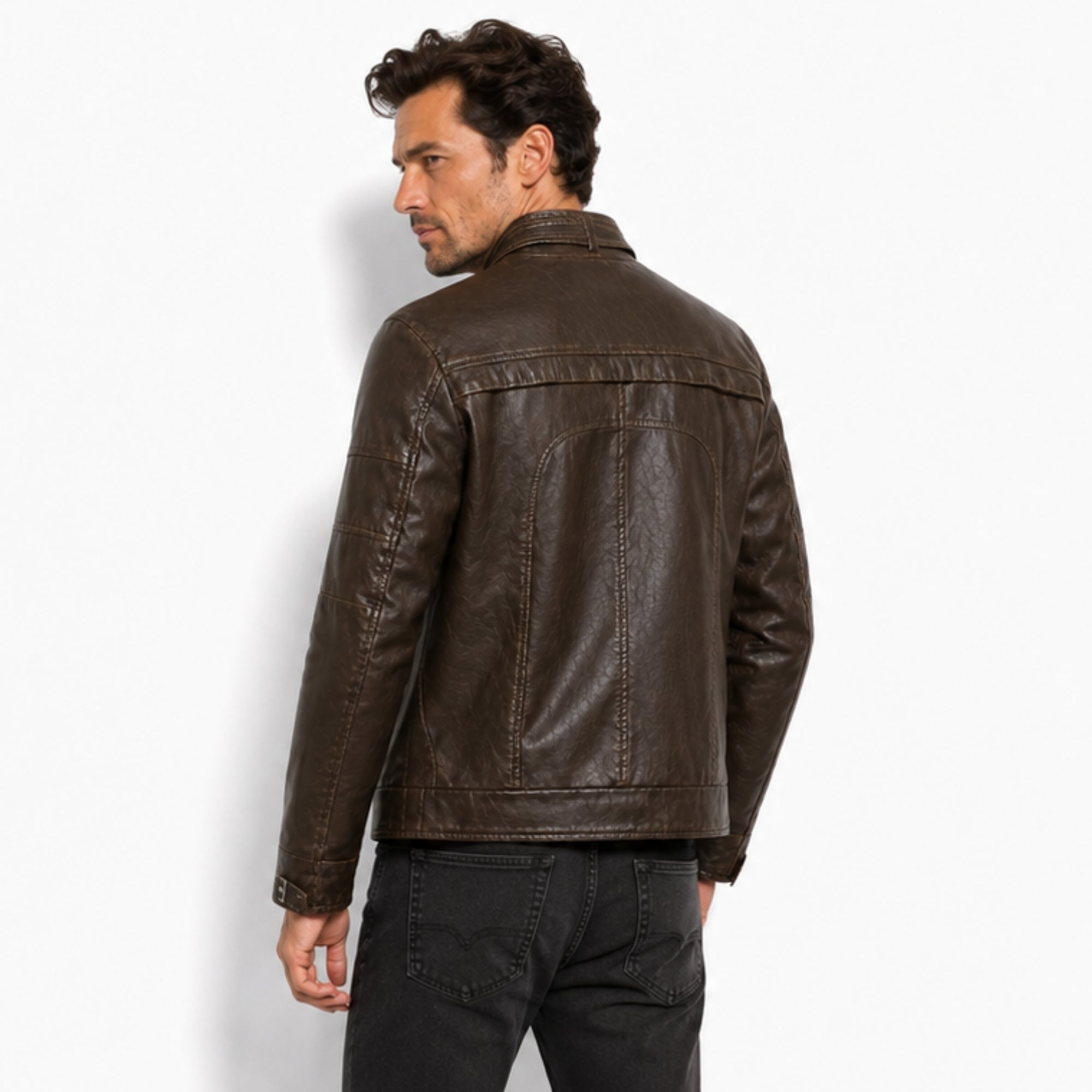Back view of mens dark brown structured motorcycle outerwear coat showing reinforced stitching and paneling by Kouvr.