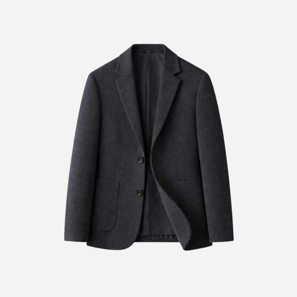 Flat lay front view of a men's plaid micro-textured blazer with notch lapel and patch pockets.