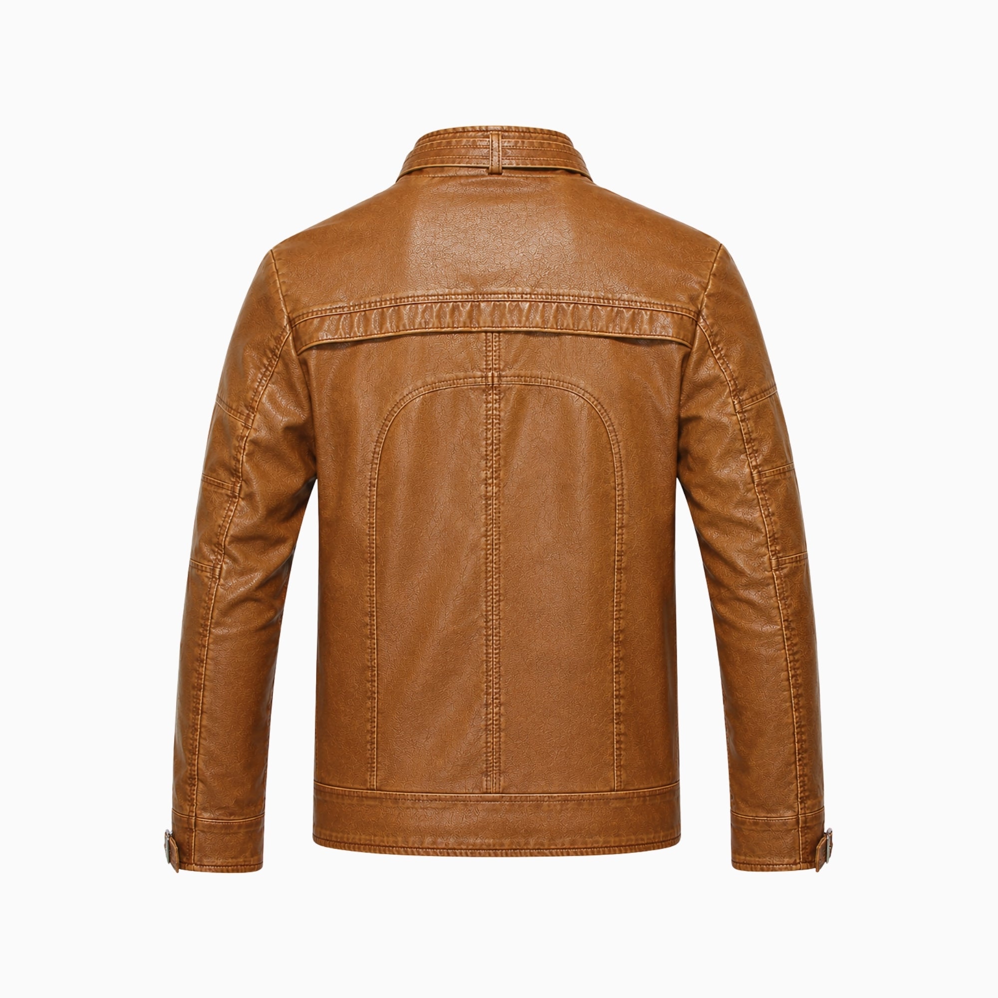 Back flat lay product image of mens light brown cafe racer leather jacket by Kouvr.