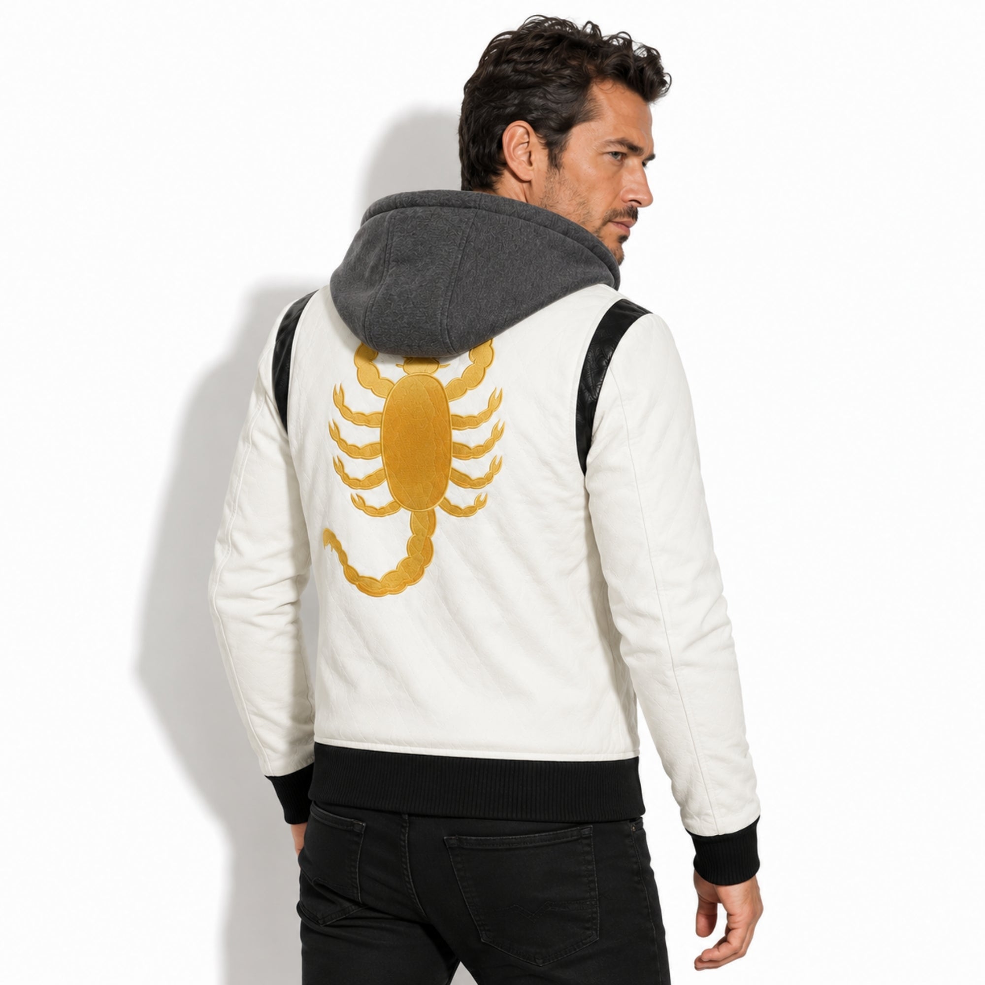 Back view of the Kouvr white hooded leather streetwear jacket featuring detailed gold scorpion embroidery.