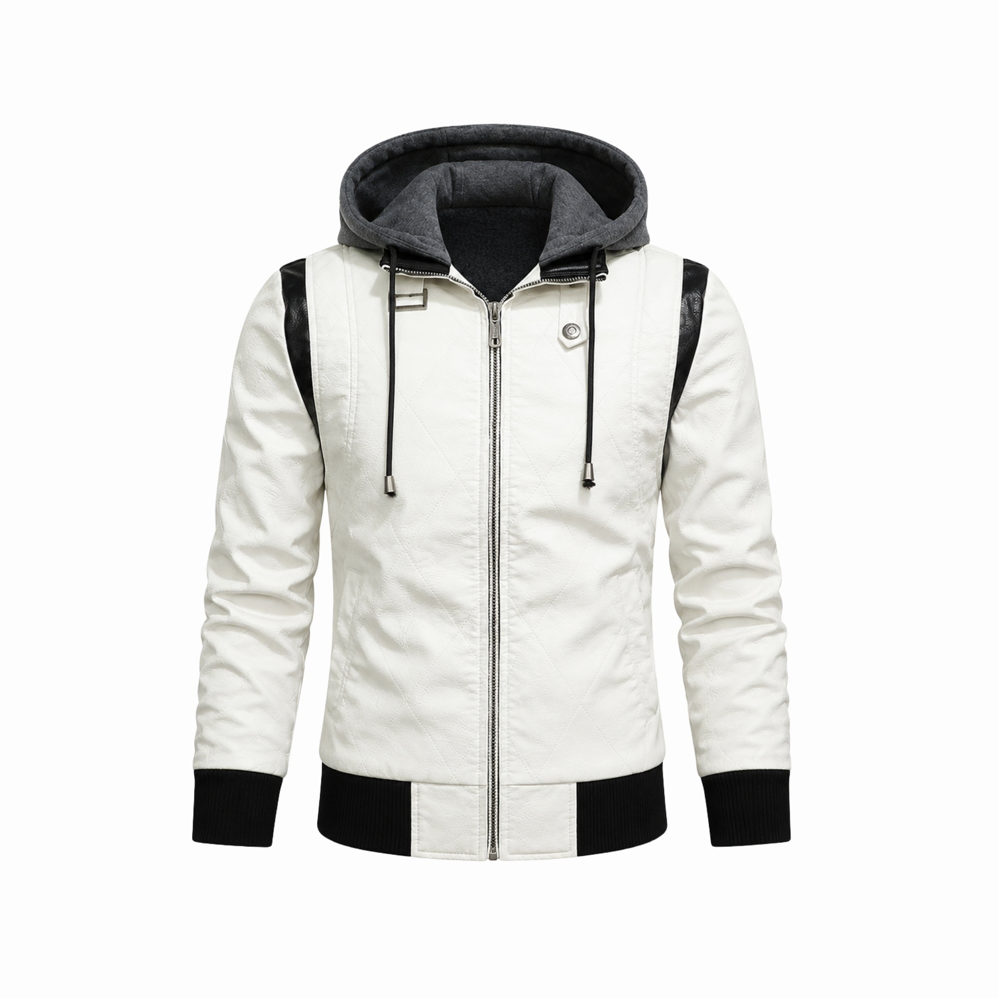 Flat lay front view of the Kouvr white hooded leather bomber jacket showing the built-in grey hoodie and hardware.