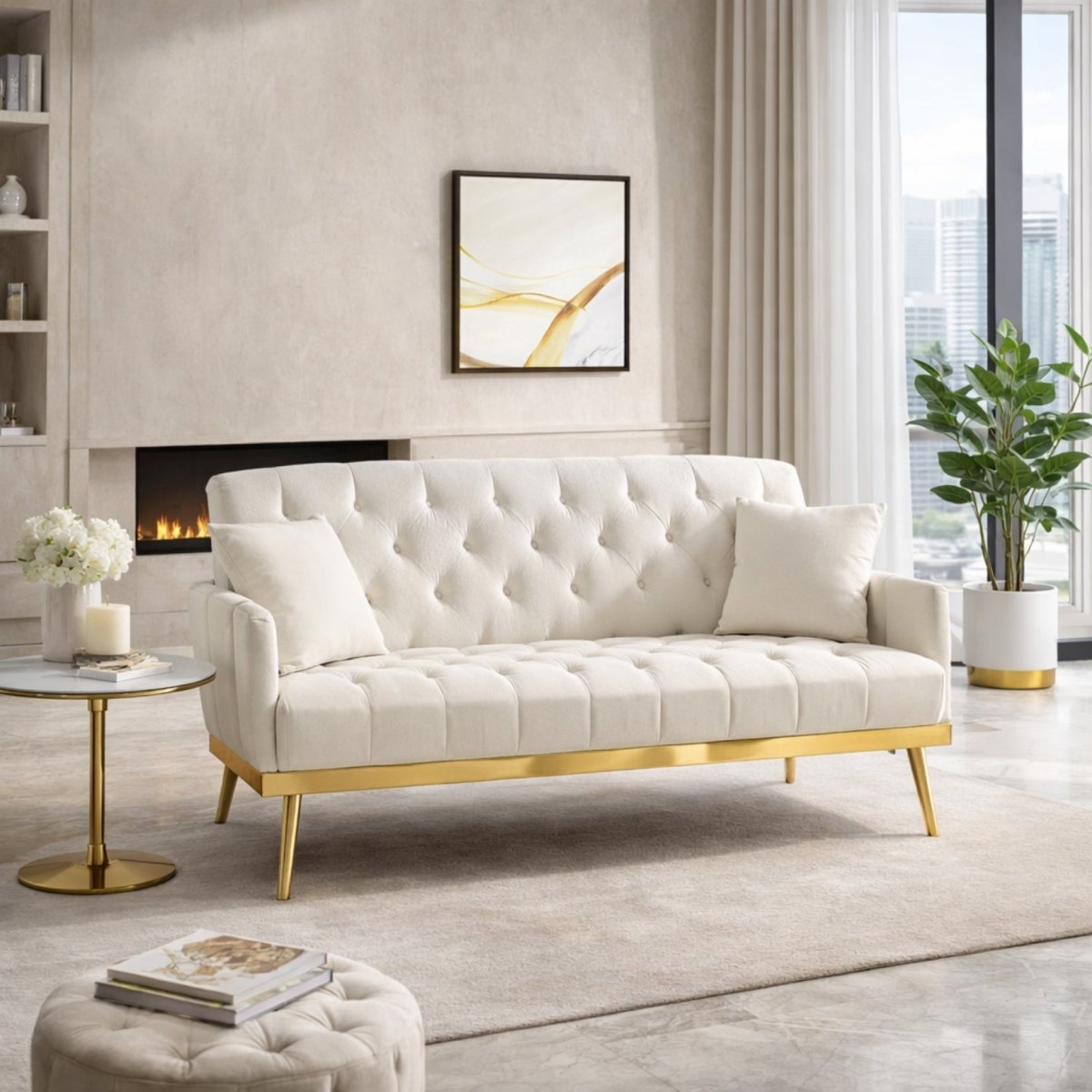 Angled view of the small apartment-sized white tufted couch showing tailored square arms, matching throw pillows, and brass tapered legs.