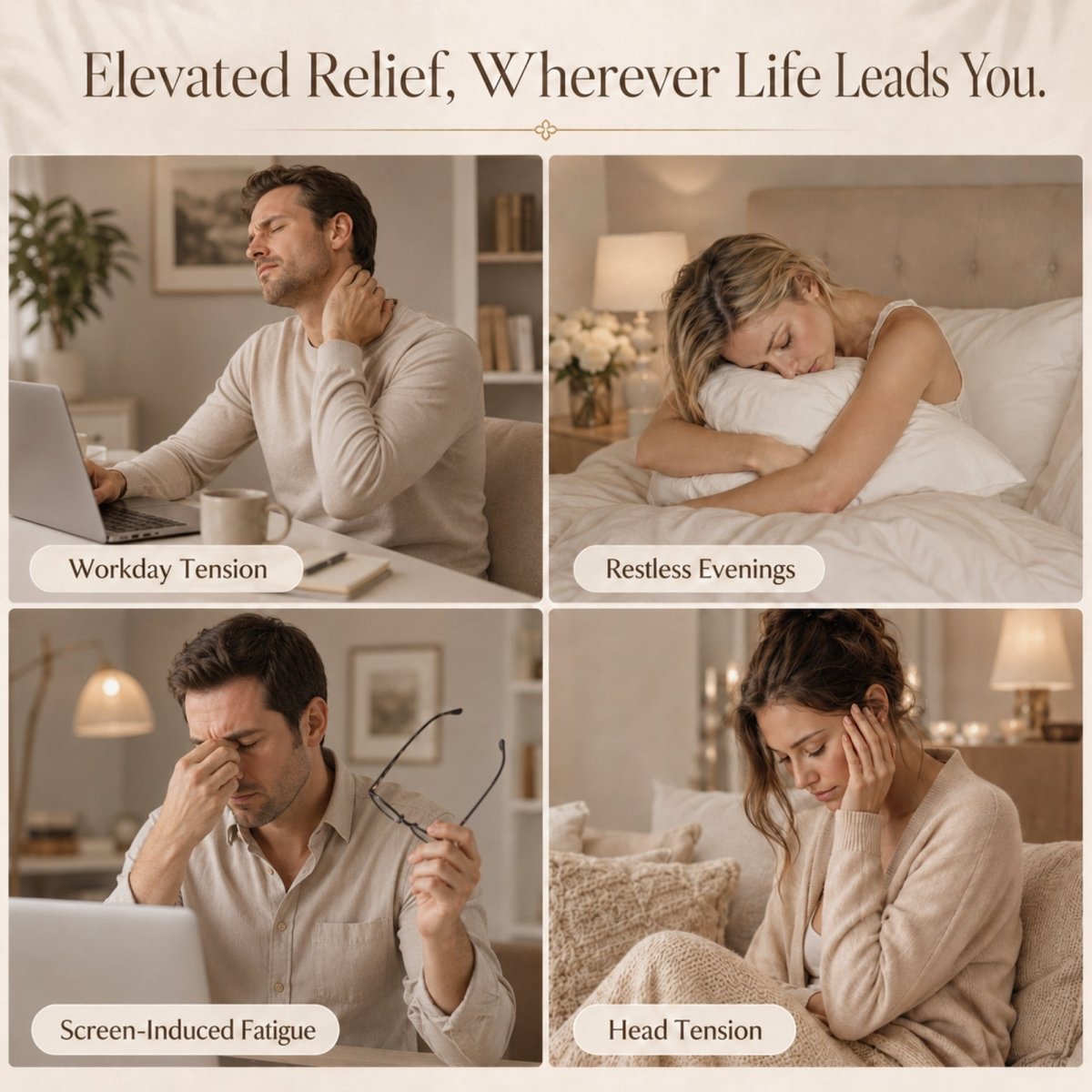 A 4-panel image grid illustrating common tension problems including workday neck tension, restless evenings, screen-induced eye fatigue, and severe head tension.