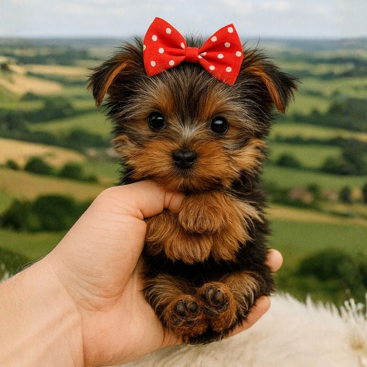 Close-up of a realistic mini Yorkshire Terrier robot puppy sitting in hands, featuring lifelike eyes and soft plush fur.