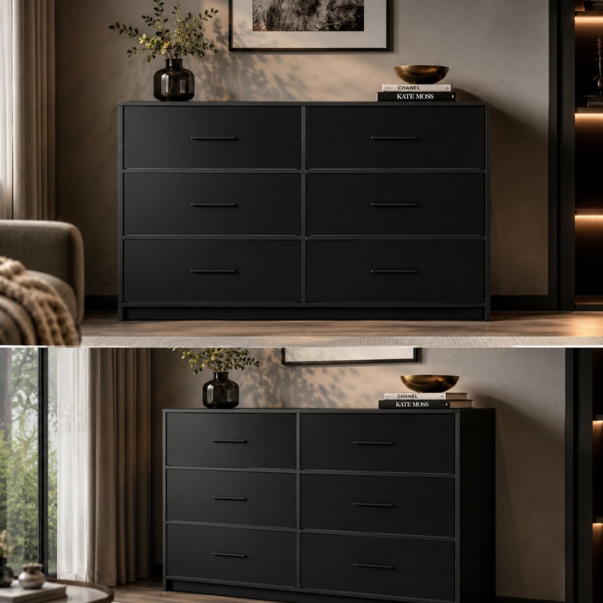 Straight on front profile view of a minimalist black 6-drawer chest of drawers featuring clean horizontal lines and a sleek matte finish.