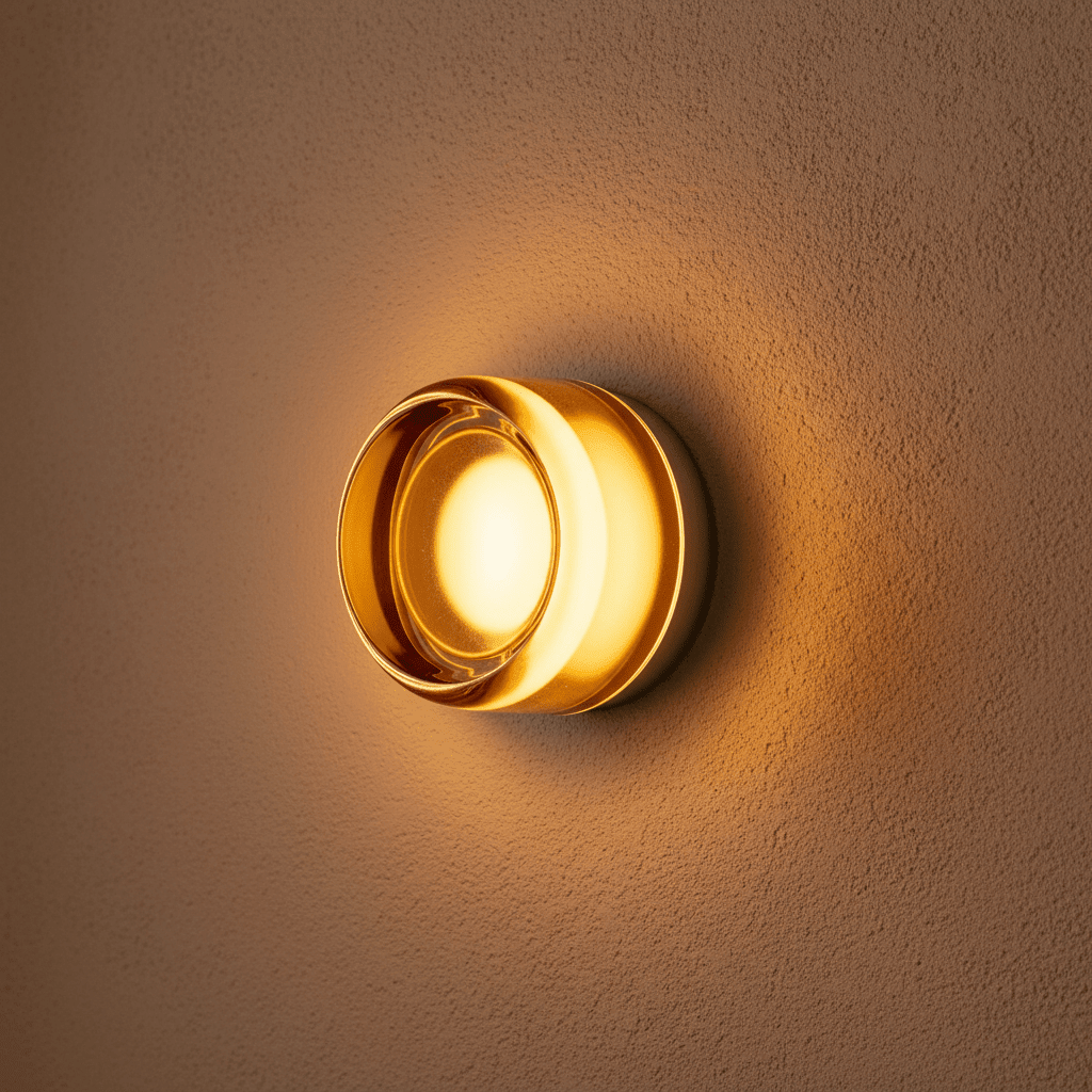 Round flush-mount glass wall light with a brushed metallic base, glowing with soft warm illumination against a plain grey background.
