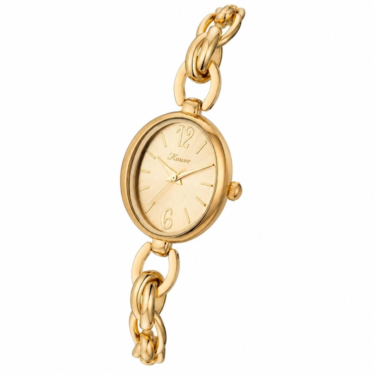 Angled view of Kouvr women's gold watch highlighting the sunray dial and polished chain links