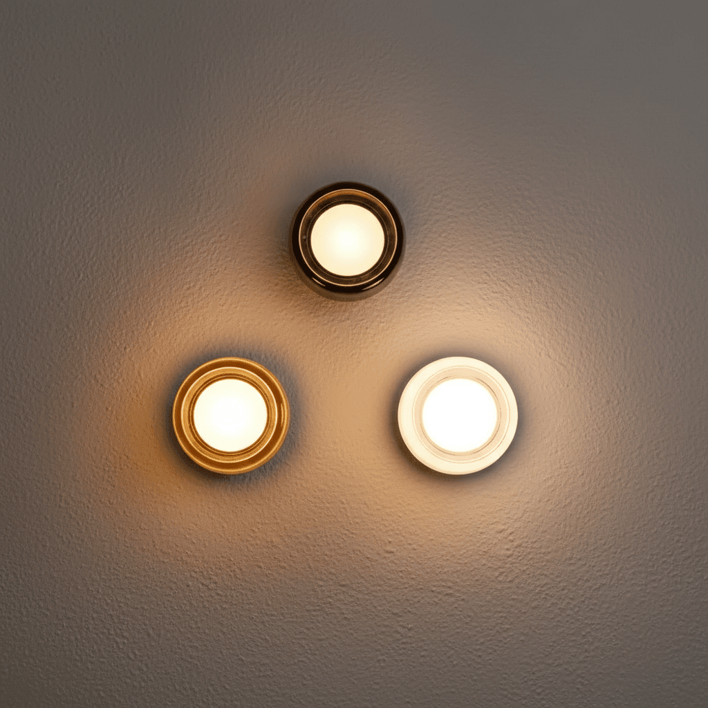Three circular glass wall sconces grouped together on a plaster wall, showcasing different metallic finishes and warm LED color temperatures.