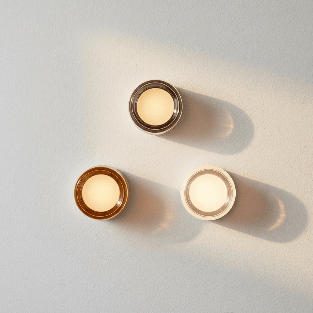 Three circular glass wall sconces grouped together on a plaster wall, showcasing different metallic finishes and warm LED color temperatures.