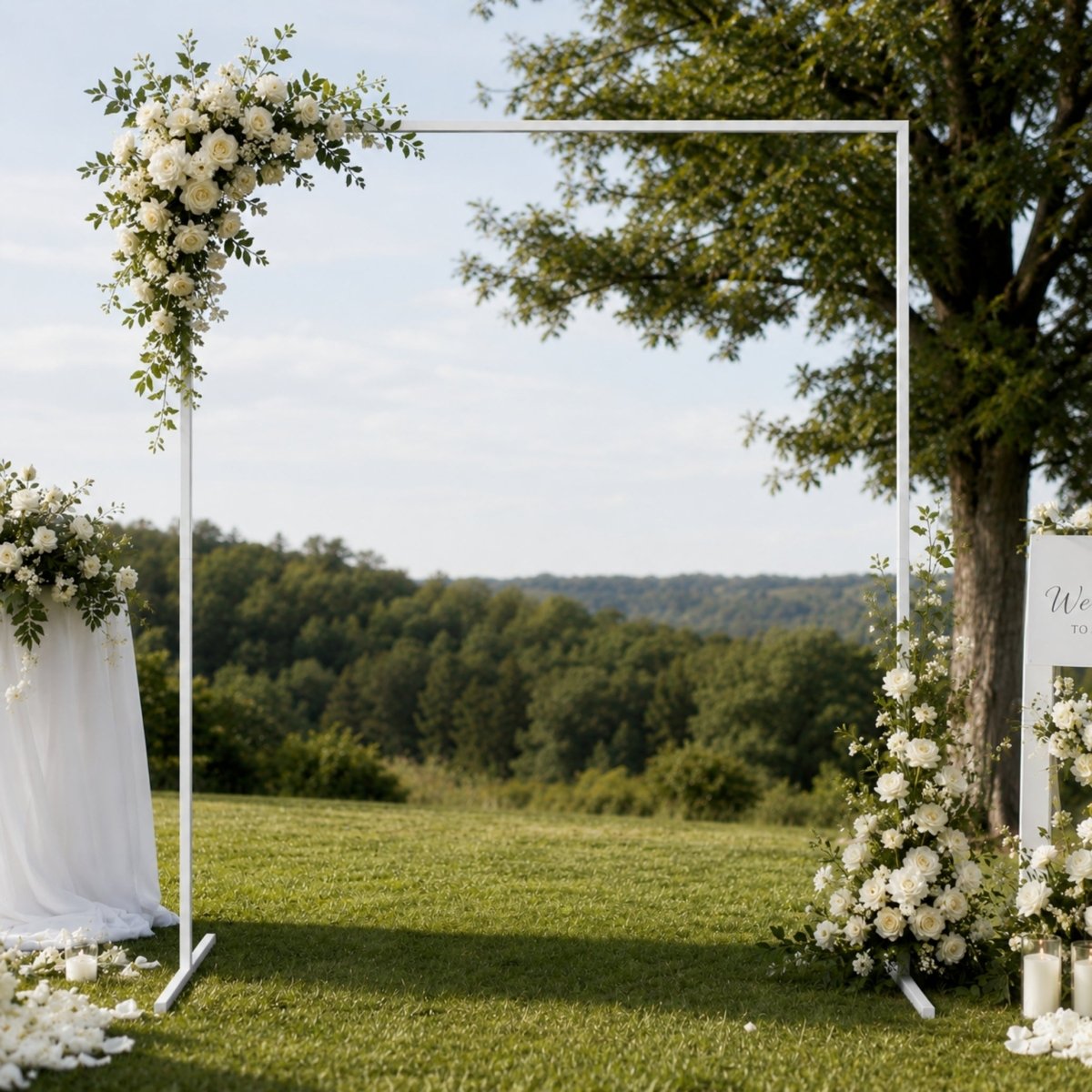 Minimalist white metal square wedding arch adorned with elegant white floral arrangements and draping for an outdoor ceremony.
