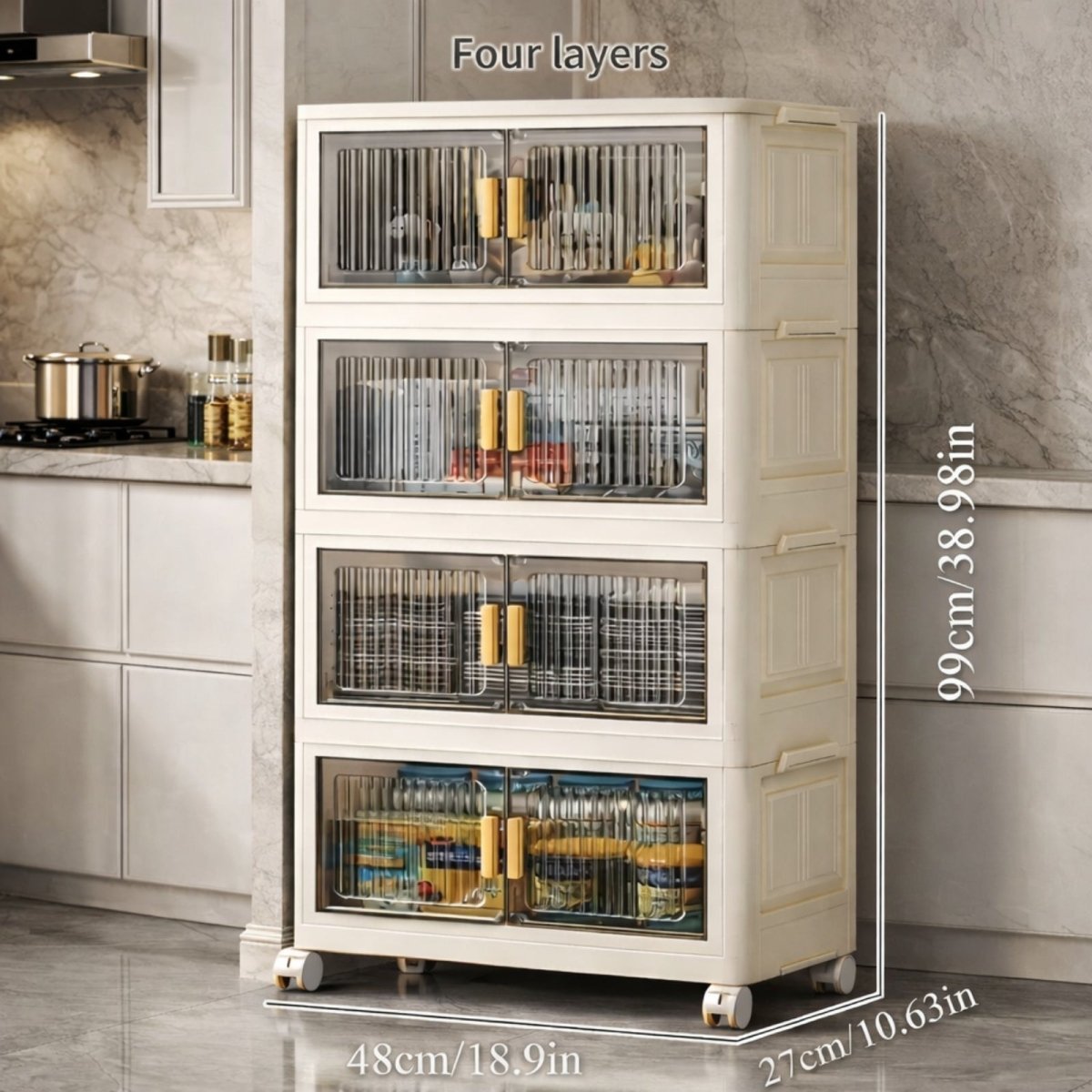 4-layer mobile pantry organizer filled with snacks and jars, featuring transparent ribbed doors for visibility.
