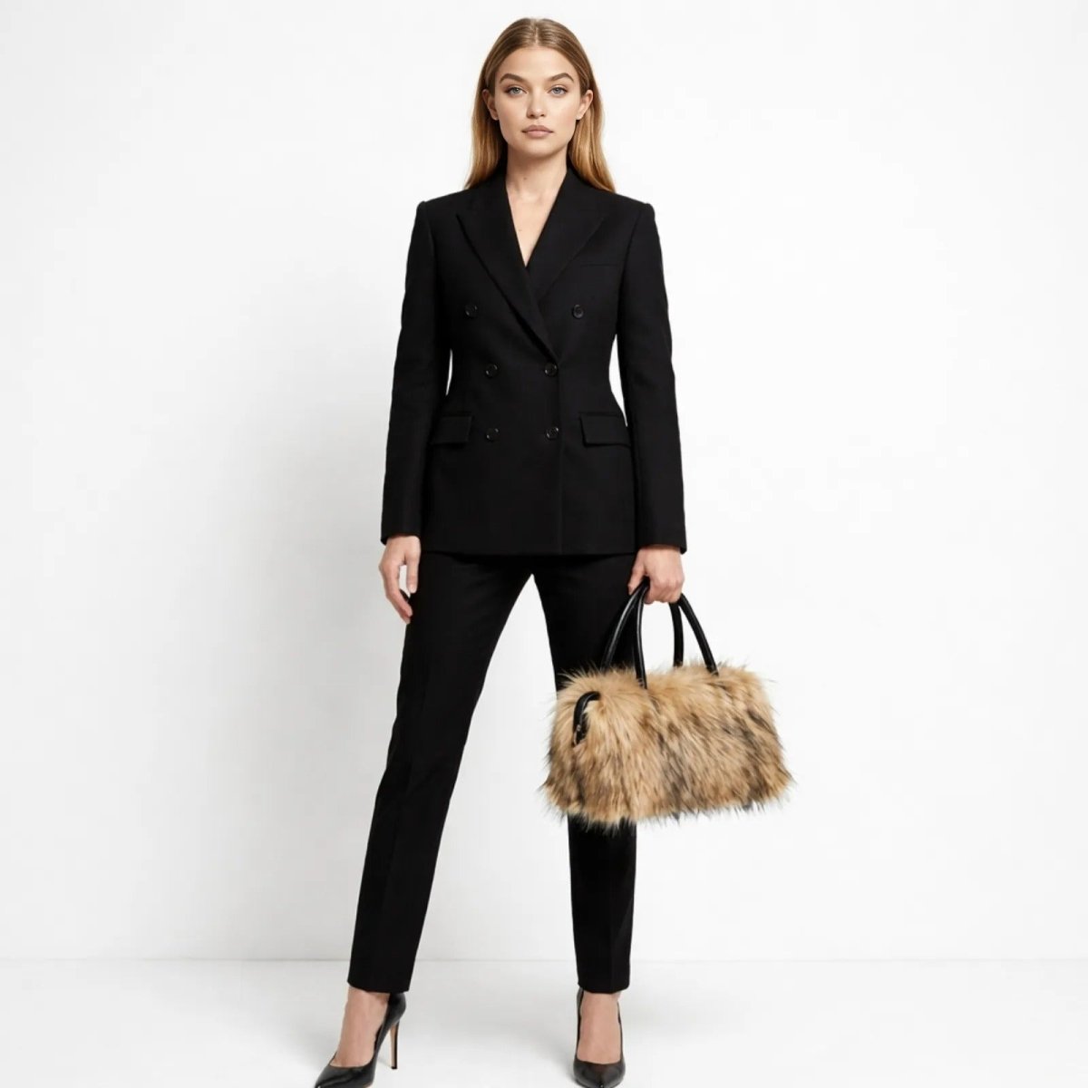 A full-length shot of a model wearing a black suit and holding the large Kouvr Artisan Faux Fur Handbag in brown ombre.