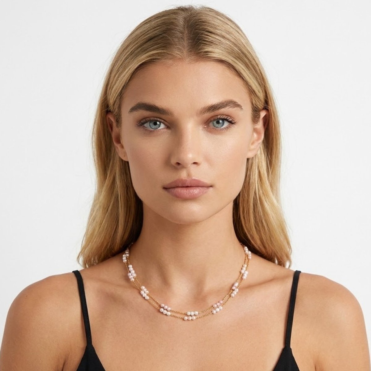 Model with blonde hair and blue eyes wearing the Kouvr Josie delicate two-strand pink and white pearl necklace with a black top.
