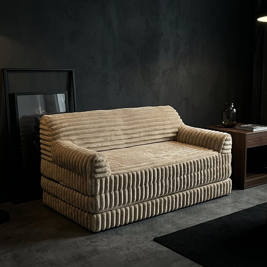 Kouvr modern beige corduroy floor sofa in its folded loveseat position against a dark moody interior wall.