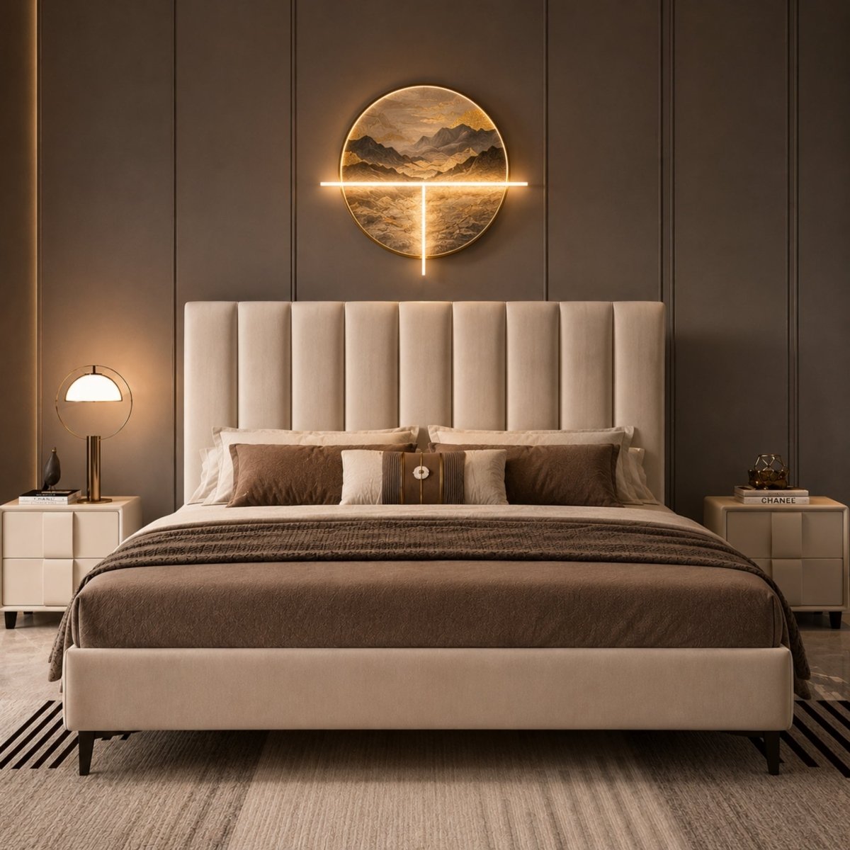 Straight front view of an elegant channel tufted headboard featuring soft beige linen upholstery, glowing ambient wall lighting, and premium bedding.