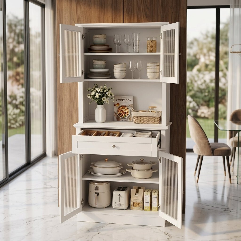 Elegant white dining room buffet hutch styled with dinnerware, a cookbook, and small kitchen appliances behind ribbed glass.