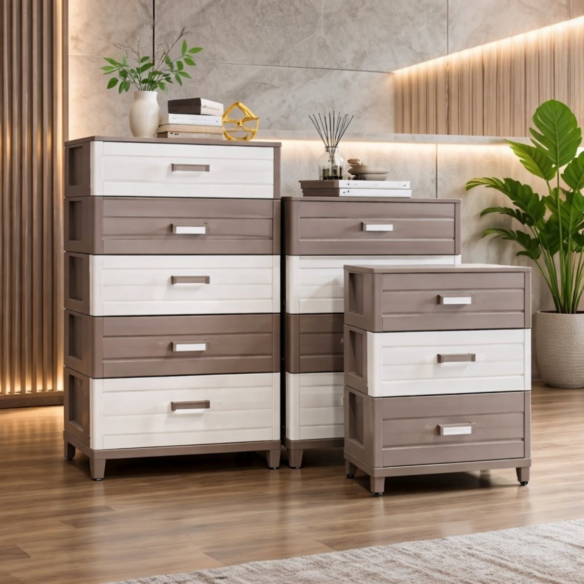 Multiple sizes of modern two-tone modular storage drawer towers arranged stylishly in a contemporary living room setting.