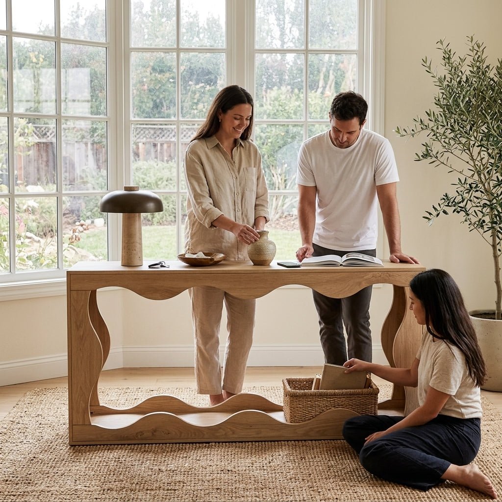 A couple casually styling a solid light oak wavy console table placed in a bright, sunlit living room behind a sofa, showcasing open concept home decor.
