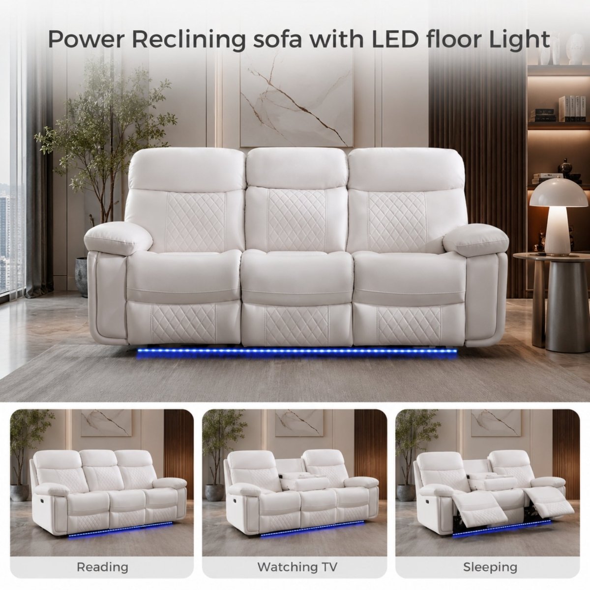 Demonstration of reading watching tv and sleeping power reclining positions on the luxury white sofa