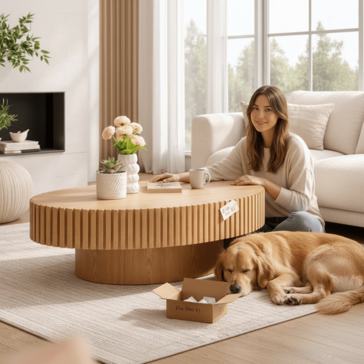 Woman sitting on floor with dog enjoying coffee at an oval slatted wood coffee table by Kouvr.